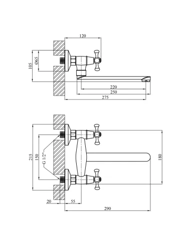 Смеситель для кухни настенный Kroner KRM Rhein - C040 двухвентильный