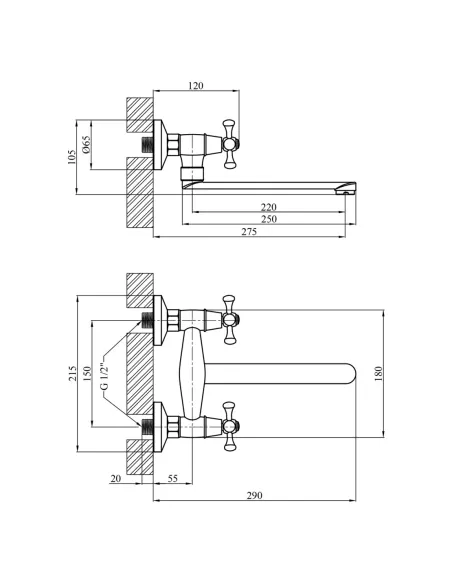 Смеситель для кухни настенный Kroner KRM Rhein - C040 двухвентильный Смеситель для кухни настенный Kroner KRM Rhein - C040 двухвентильный