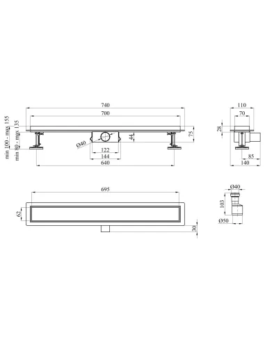 Душевой лоток Kroner KRP Eifel F70 Fliese, с сухим затвором под плитку