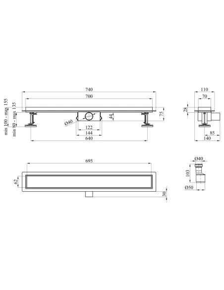 Душевой лоток Kroner KRP Eifel F70 Fliese, с сухим затвором под плитку