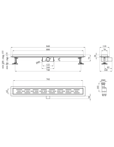 Душевой линейный трап Kroner KRP Eifel L80 Linien, сухой затвор