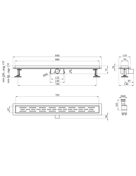 Душевой линейный трап Kroner KRP Eifel L80 Linien, сухой затвор