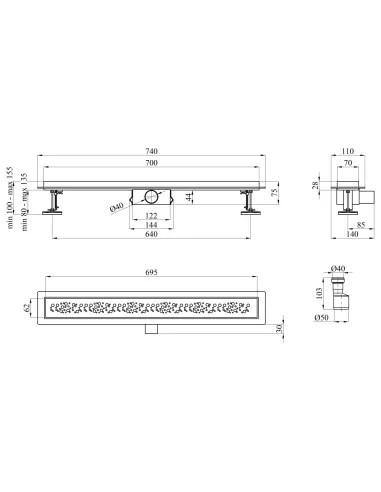 Душевой линейный трап Kroner KRP Eifel M70 Muster, сухой затвор