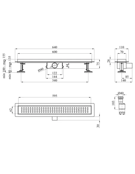 Душевой линейный трап Kroner KRP Eifel W60 Welle, сухой затвор