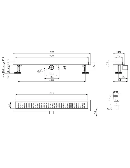 Душовий лінійний трап Kroner KRP Eifel W70 Welle, сухий затвор