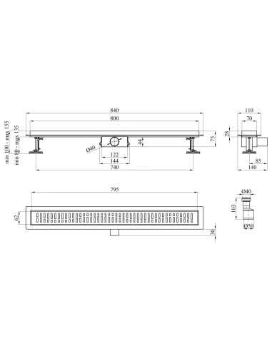 Душовий лінійний трап Kroner KRP Eifel W80 Welle, сухий затвор