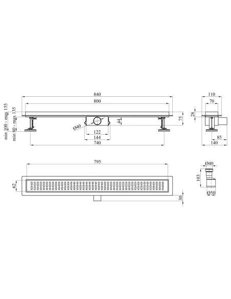 Душовий лінійний трап Kroner KRP Eifel W80 Welle, сухий затвор