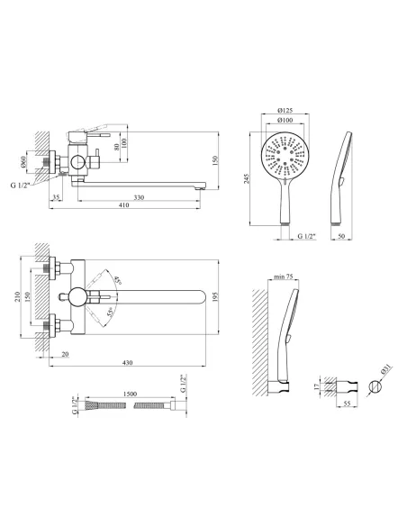 Набор смесителей Kroner для ванны Edelstahl Klassisch-SCH070 для раковины Edelstahl Klassisch-SCH010