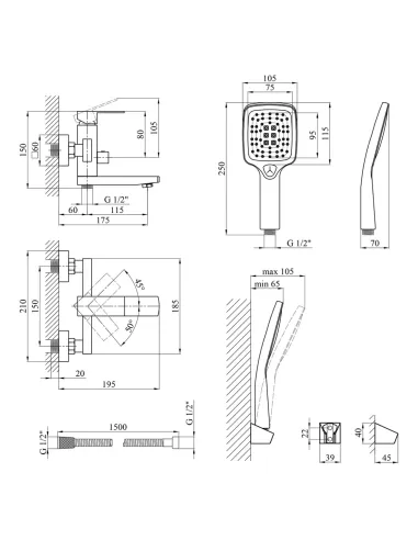 Набор смесителей Kroner для ванны Edelstahl Kubus - SCH060 для раковины Edelstahl Kubus - SCH010 и штанга для душа Edelstahl Kub