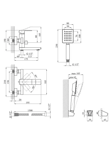 Набір змішувачів Kroner для ванни Edelstahl Kubus-ESG010 для раковини Edelstahl Kubus-ESG060 та штанга для душу Edelstahl Kubus-