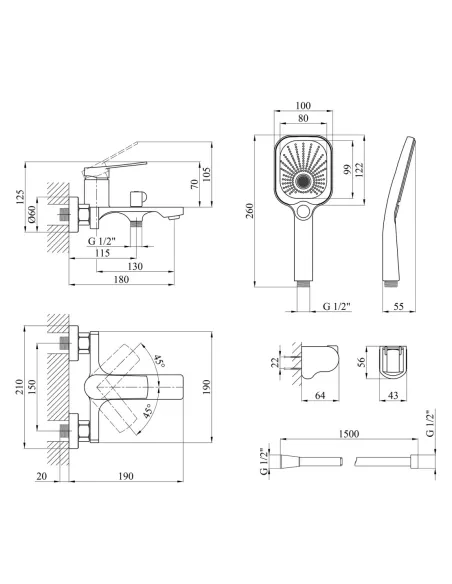 Набор смесителей Kroner для ванны Makon-C060 для раковины Makon-C010