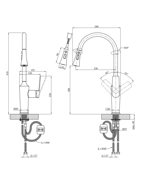 Набор смесителей Kroner для ванны Makon-C060 для кухни Makon-C030-T и для раковины Makon-C010