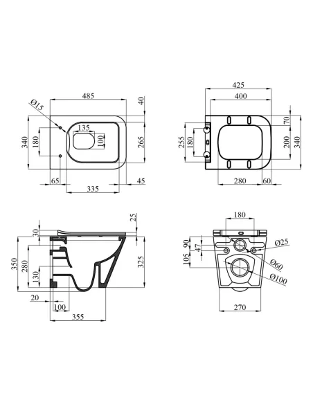 Унитаз подвесной безободковый Kroner Eifel WHI493436 Rimless с сиденьем Slim Duroplast