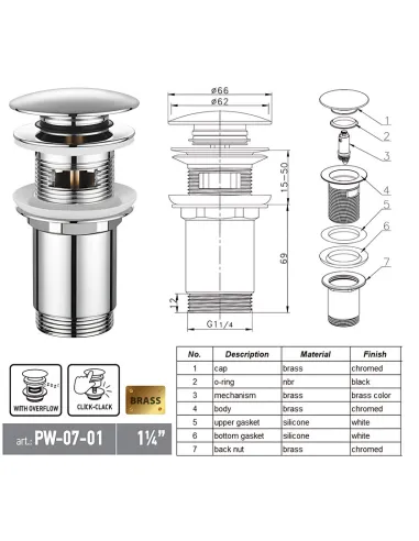 Донний клапан для раковини Koer PW-07-01 з автоматичним переливом СLICK-СLACK