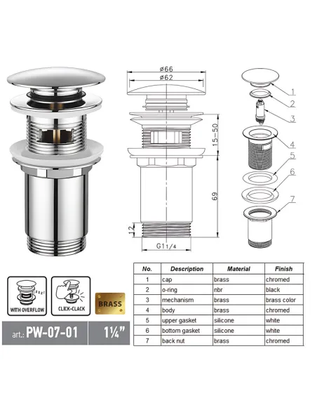 Донний клапан для раковини Koer PW-07-01 з автоматичним переливом СLICK-СLACK