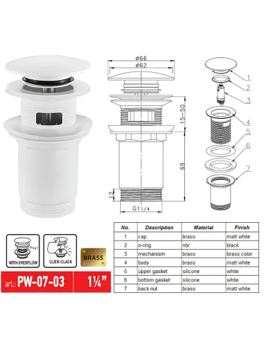 Донний клапан для раковини Koer PW-07-03 з автоматичним переливом СLICK-СLACK