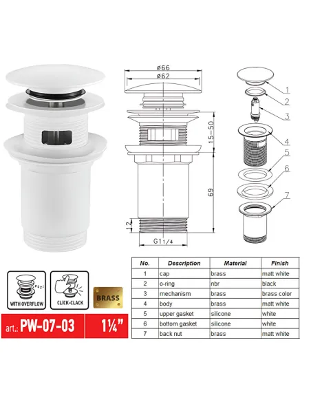 Донний клапан для раковини Koer PW-07-03 з автоматичним переливом СLICK-СLACK
