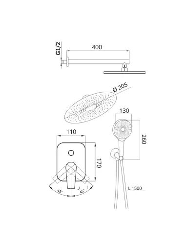 Душова система Q-tap Slavonice QTSLA113GMB45899 Gunmetal Black PVD, прихованого монтажу, без виливу
