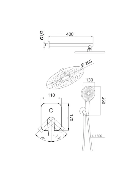 Душова система Q-tap Slavonice QTSLA113GMB45899 Gunmetal Black PVD, прихованого монтажу, без виливу