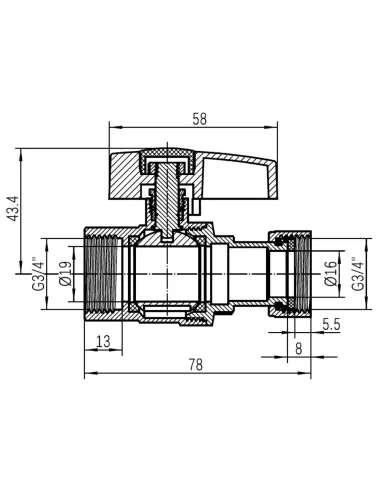 Кран шаровой Thermo Alliance Standart TAS260W20 ВВ 3/4 дюйма прямой с накидной гайкой