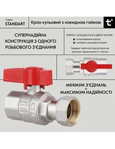 Кран шаровой Thermo Alliance Standart TAS260W20 ВВ 3/4 дюйма прямой с накидной гайкой