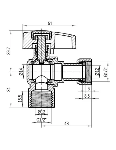 Кран кульовий Thermo Alliance Standart TAS223W15 ВВ 1/2 дюйма кутовий з гайкою.