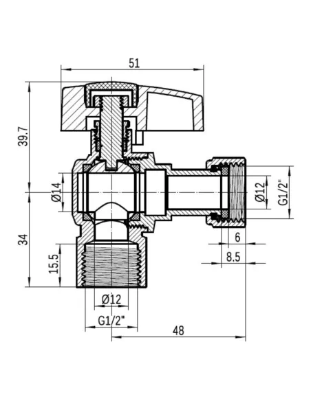 Кран шаровой Thermo Alliance Standart TAS223W15 ВВ 1/2 дюйма угловой с накидной гайкой