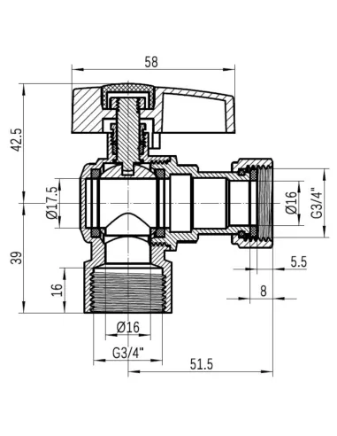Кран кульовий Thermo Alliance Standart TAS223W20 ВВ 3/4 дюйми кутовий з накидною гайкою