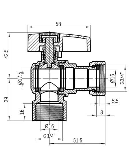 Кран шаровой Thermo Alliance Standart TAS223W20 ВВ 3/4 дюйма угловой с накидной гайкой