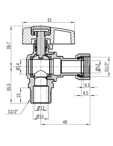 Кран кульовий Thermo Alliance Standart TAS224W15 ВН 1/2 дюйма кутовий з накидною гайкою