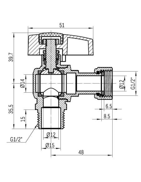 Кран шаровой Thermo Alliance Standart TAS224W15 ВН 1/2 дюйма угловой с накидной гайкой
