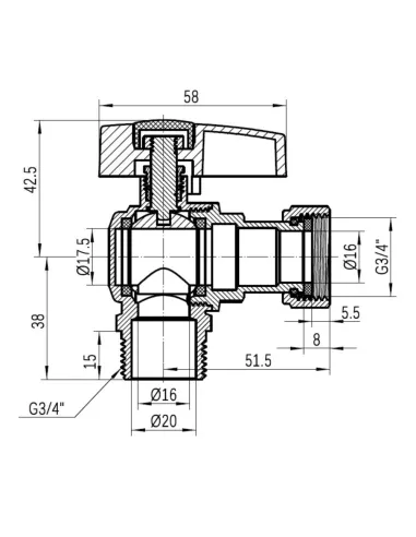 Кран шаровой Thermo Alliance Standart TAS224W20 ВН 3/4 дюйма угловой с накидной гайкой