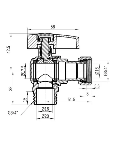 Кран шаровой Thermo Alliance Standart TAS224W20 ВН 3/4 дюйма угловой с накидной гайкой