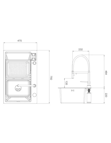Мойка для кухни прямоугольная Gappo GS7547-13, 750x470x220 мм, нержавеющая сталь