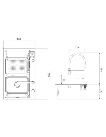 Мийка для кухні прямокутна Gappo GS7547-13, 750x470x220 мм, нержавіюча сталь.