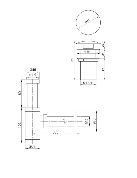 Сифон для умывальника Globus Lux GS-32-105-03A, 1 1/4 дюйма, с донным клапаном