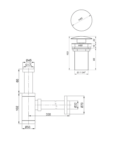 Сифон для умывальника Globus Lux GS-32-105-03B, 1 1/4 дюйма, с донным клапаном