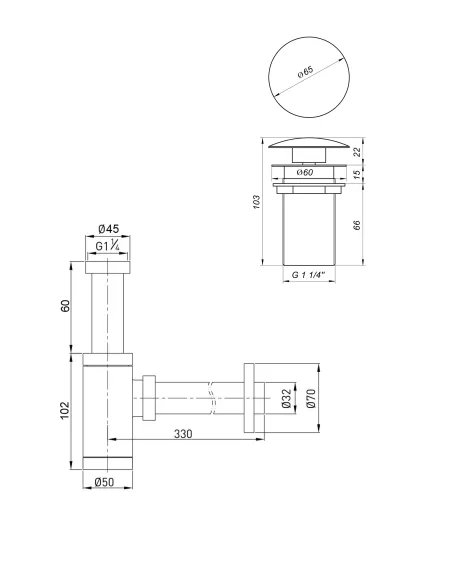 Сифон для умывальника Globus Lux GS-32-105-03B, 1 1/4 дюйма, с донным клапаном