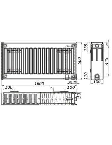 Сталевий радіатор Kalite 22/500х1600 22 тип, універсальне підключення