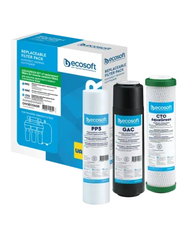 Покращений комплект картриджів Ecosoft 1-2-3 для фільтрів зворотного осмосу з функцією економії води