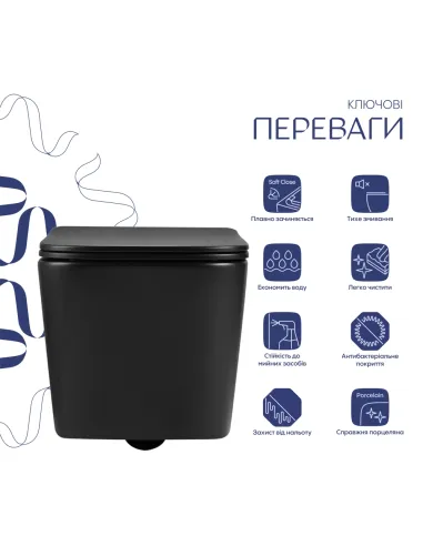 Унитаз Q-Tap Crow Ultra Quiet Matt Black, 485х340х290 мм, безободковый, подвесной