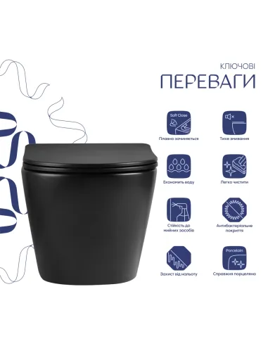 Унитаз Q-Tap Jay Ultra Quiet Matt Black, 485х360х320 мм, безободковый, подвесной