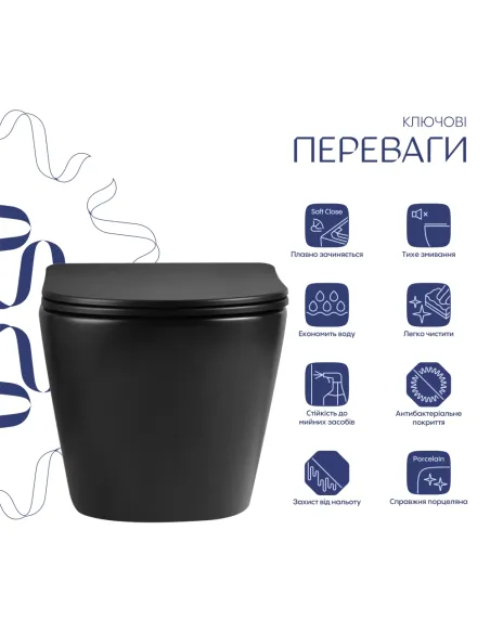 Унитаз Q-Tap Jay Ultra Quiet Matt Black, 485х360х320 мм, безободковый, подвесной