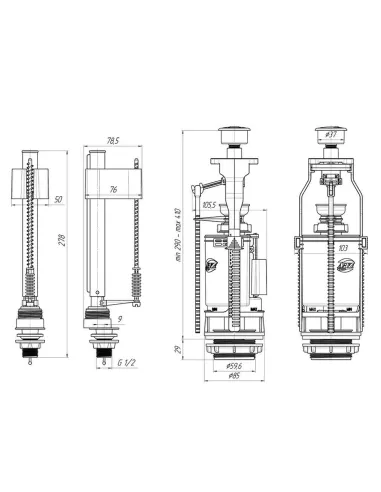 Комплект арматуры для сливного бачка Optimum OPTI 0810 2 режима, нижний подвод 1/2 дюйма