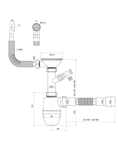 Сифон для кухонного миття Optimum OPTI-27243 31/2 дюйма х 40 з отвором для пральної машини та круглим переливом