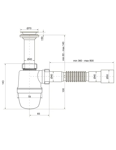 Сифон для умивальника та мийки Optimum OOPTI-11043 1 1/2 дюйма х 40 з литим випуском та гофротрубою 40х40/50