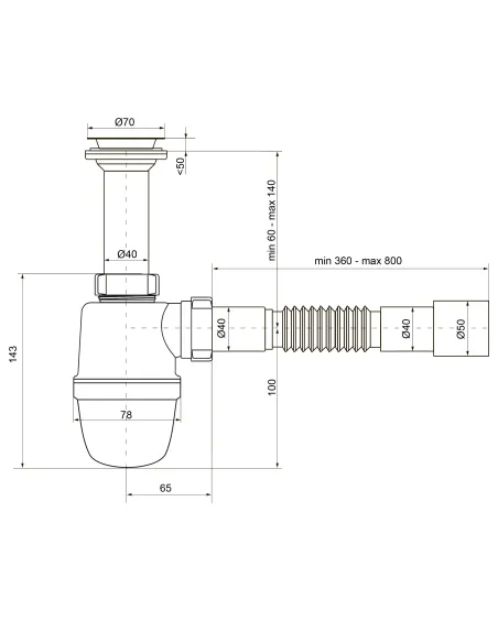 Сифон для умивальника та мийки Optimum OOPTI-11043 1 1/2 дюйма х 40 з литим випуском та гофротрубою 40х40/50