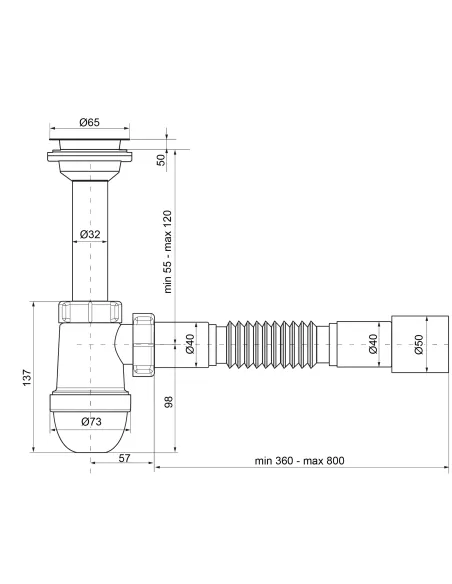 Сифон для умывальника Optimum OPTI-12043 11/4 дюйма х 40 с отводом для стиральной машины та гофротрубой 40х40/50