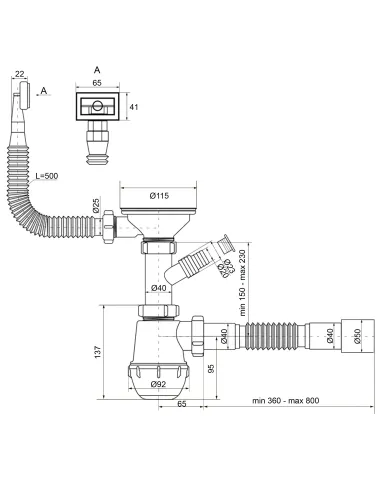 Сифон для кухонной мойки Optimum OPTI- 27343 31/2 дюйма х 40 с отверствием для стиральной машины, прямоугольным переливом и гофр