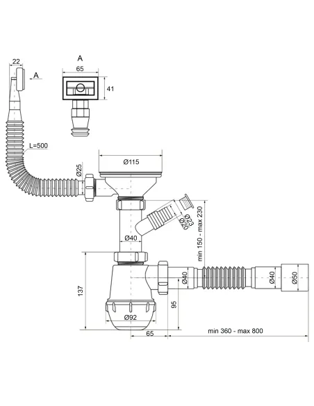 Сифон для кухонного миття Optimum OPTI-27343 31/2 дюйма х 40 з отвором для пральної машини, прямокутним переливом та гофротрубою